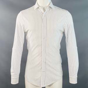 BRUNELLO CUCINELLI White Blue Pinstripe Cotton Leisure Fit Long Sleeve Shirt